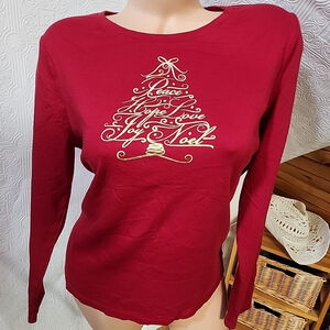 Studio Works Women's Red Long Sleeve T-shirt Petite Sz Large Metallic Gold Tree